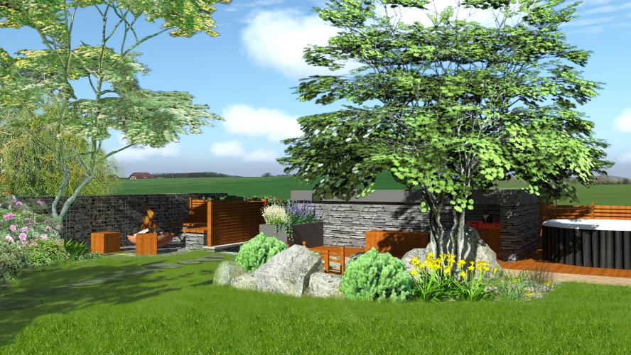 Pohled na stavební řešení zadní části zahrady - zahloubený objekt sauny a na něj navazující ohniště v úrovni terénu, dětská část 